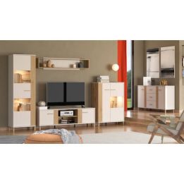 Mueble Mesa TV en Melamina Color Cashmere y Roble Artisan con 2 Puertas - Medidas 163,5x40x52 cm