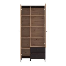 Vitrina Alta en Roble Artisan y Negro con Puerta Estrecha, Puerta Acristalada y 2 Cajones - Medidas 86,5x40x195 cm