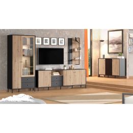 Vitrina Alta en Roble Artisan y Negro con Puerta Estrecha, Puerta Acristalada y 2 Cajones - Medidas 86,5x40x195 cm