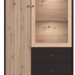 Vitrina Alta en Roble Artisan y Negro con Puerta Estrecha, Puerta Acristalada y 2 Cajones - Medidas 86,5x40x195 cm