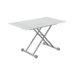 Mesa de Centro Elevable, Cristal de 8 mm y Estructura con Ruedas - Tapa Color Blanco, Mueble Moderno - Medidas 120x70x40-75 cm