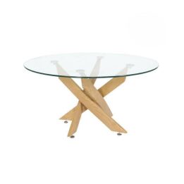 Mesa de Centro Redonda con Tapa de Cristal 8 mm y Patas Metálicas en Acabado Madera - Medidas 80x40 cm