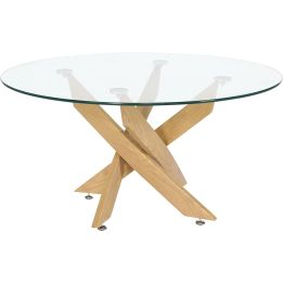 Mesa de Centro Redonda con Tapa de Cristal 8 mm y Patas Metálicas en Acabado Madera - Medidas 80x40 cm