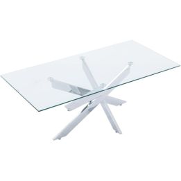 Mesa de Centro con Tapa de Cristal Templado de 8 mm y Patas Metálicas Cruzadas en Acabado Crema -  Medidas 110x55x45 cm