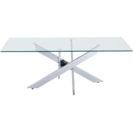 Mesa de Centro con Tapa de Cristal Templado de 8 mm y Patas Metálicas Cruzadas en Acabado Crema -  Medidas 110x55x45 cm
