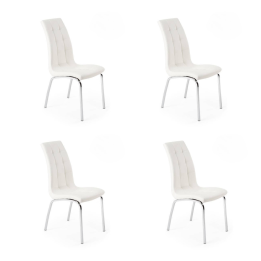 Juego de 4 Sillas Tapizadas en Símil Piel Blanco con Patas Cromadas, Asiento y Respaldo Ergonómicos- Medidas 43x63x97 cm