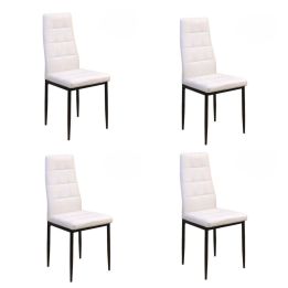 Pack de 4 Sillas Tapizadas en Tela Polipiel Blanca con Costuras Acolchadas, Patas Metálicas en Color Negro, Medidas 43x56x96 cm