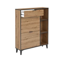 Mueble Zapatero de Entrada – 2 Puertas y 1 Cajón | Color Roble/Pizarra | 110 x 90 x 24,5 cm