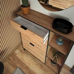Mueble Zapatero de Entrada – 2 Puertas y 1 Cajón | Color Roble/Pizarra | 110 x 90 x 24,5 cm