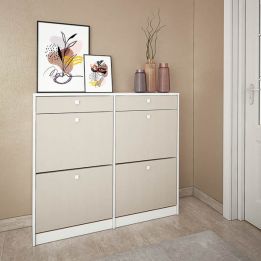 Mueble Zapatero con 4 Puertas y 2 Cajones | Acabado Blanco/Textil | 116,8 x 104,3 x 27 cm