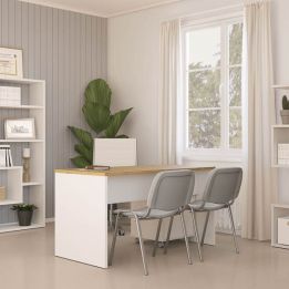Mesa de Escritorio 138 Cm de ancho con patas de Madera Blanca y tapa Color Roble 67x75x138 Cm