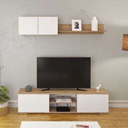 Mueble Salón Comedor 2 Módulos y 1 Estantería con puertas Color Blanco Y roble Estilo Moderno 180x80x40 Cm