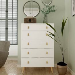 Cómoda con 5 Cajones, para Dormitorio, Acabado en Color Blanco, Medidas: 80 cm (Ancho) x 120 cm (Alto) x 48 cm (Fondo)