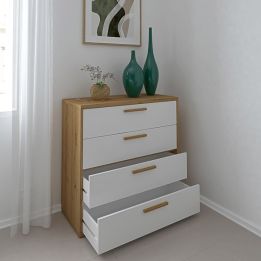 Cómoda con 4 Cajones, para Dormitorio, Acabado en Color Blanco y Roble, Medidas: 88 cm (Ancho) x 86 cm (Alto) x 48 cm (Fondo)