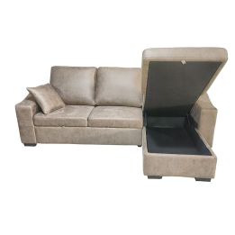 Sofá Cama 3 Plazas Reversible con Chaiselongue y Almacenaje, Tapizado en Tela Piedra, 229x93x153 cm