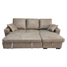 Sofá Cama 3 Plazas Reversible con Chaiselongue y Almacenaje, Tapizado en Tela Piedra, 229x93x153 cm