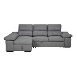 Sofá con Chaiselongue Reversible Color Cemento, Asientos Extensibles y Arcón, 291x160x104 cm, Tapizado en Tela
