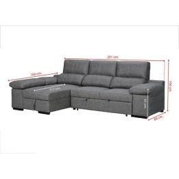 Sofá con Chaiselongue Reversible Color Cemento, Asientos Extensibles y Arcón, 291x160x104 cm, Tapizado en Tela