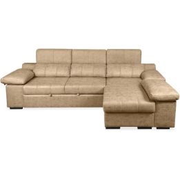 Sofá con Chaiselongue Reversible Color Piedra, Asientos Extensibles y Arcón, 291x160x104 cm, Tapizado en Tela