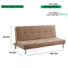 Sofá Cama 3 Plazas de Diseño Moderno, Estructura de Madera, Tapizado Color Piedra, 188x88x88 cm