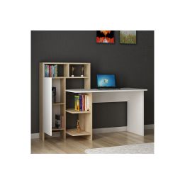 Escritorio de Oficina con Estantes y Amplio Cajón, Blanco-Roble, 90x75x120cm - Organización Eficiente